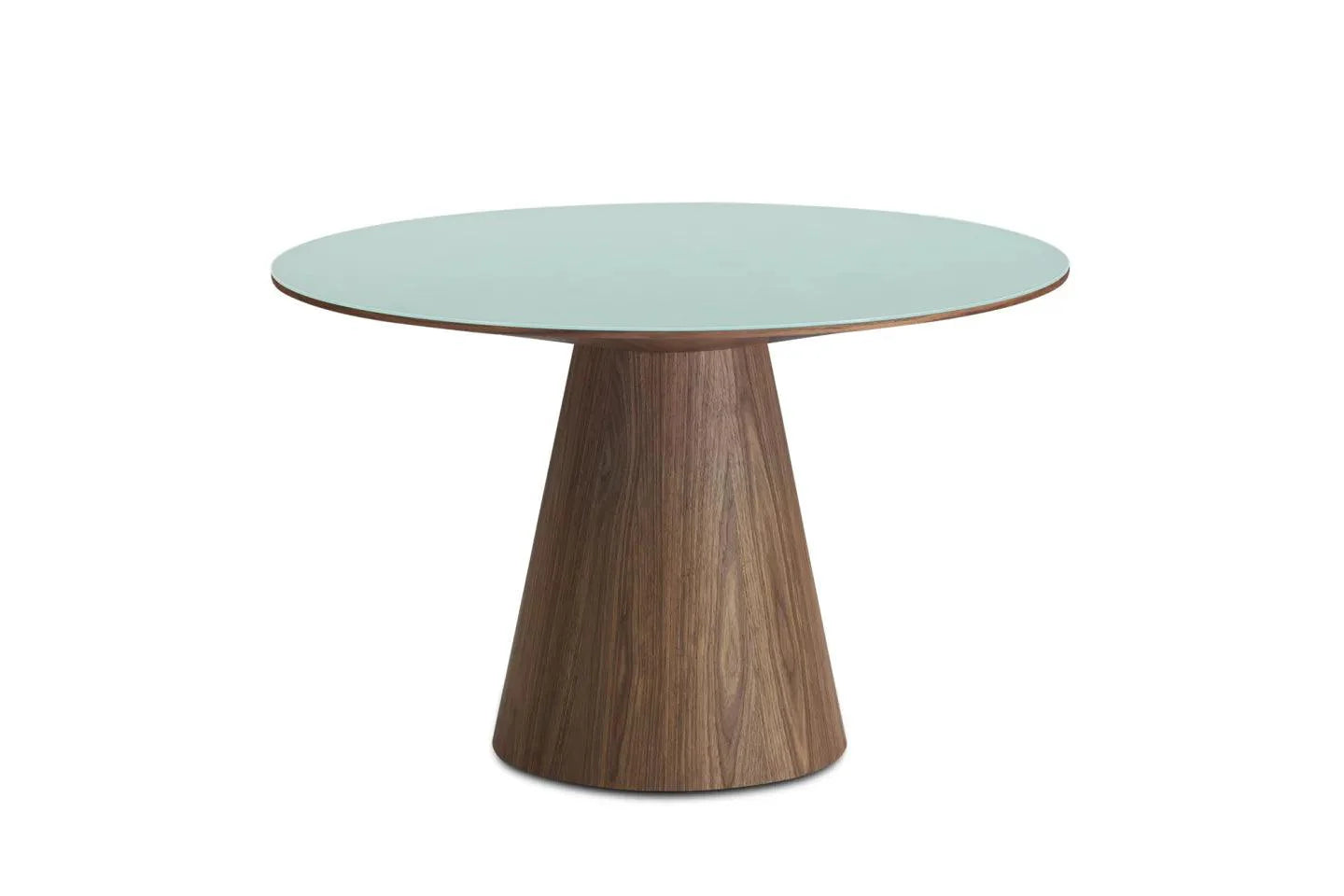 Theo Modern Round Dining Table – White Glass Top with Walnut Veneer Base