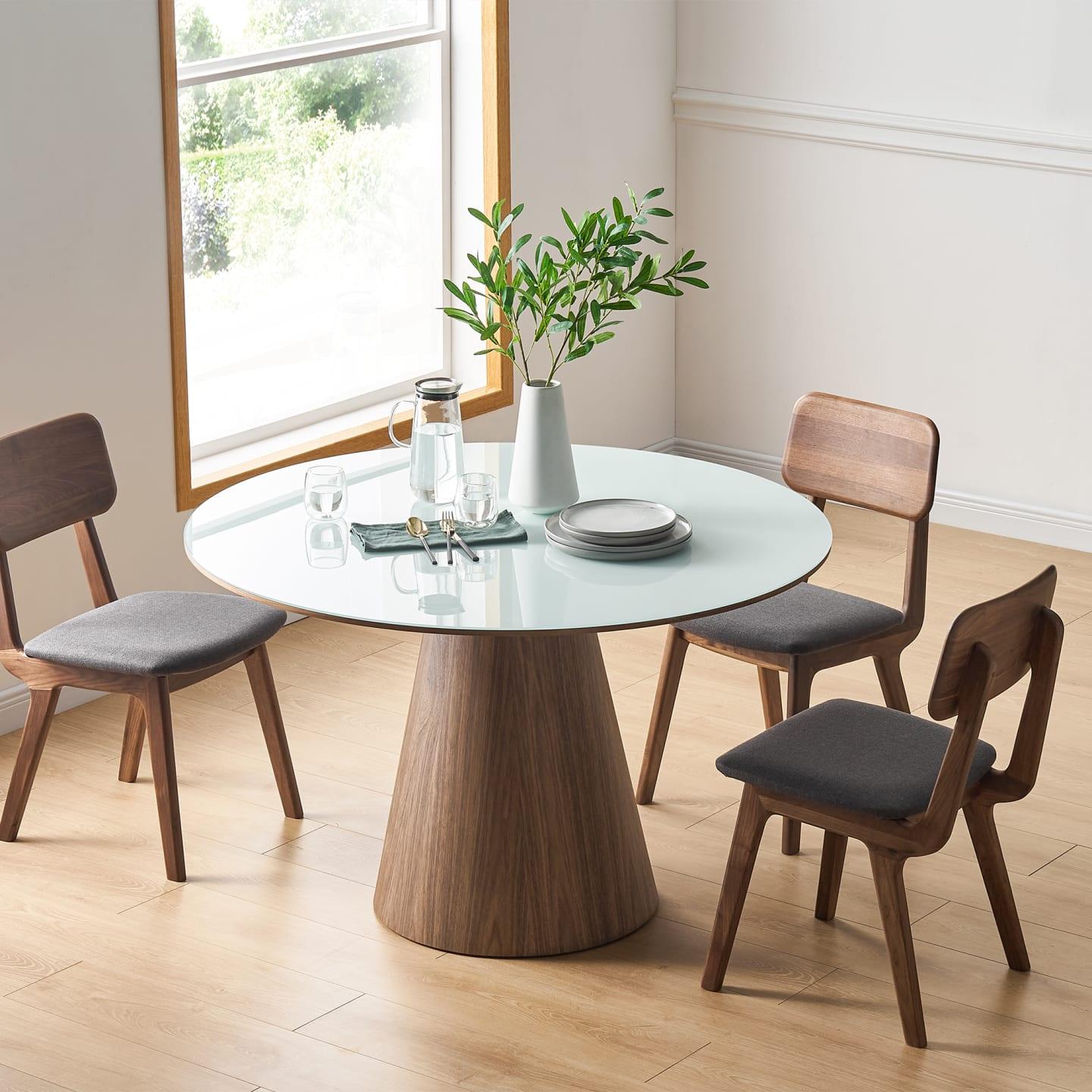 Theo Modern Round Dining Table – White Glass Top with Walnut Veneer Base