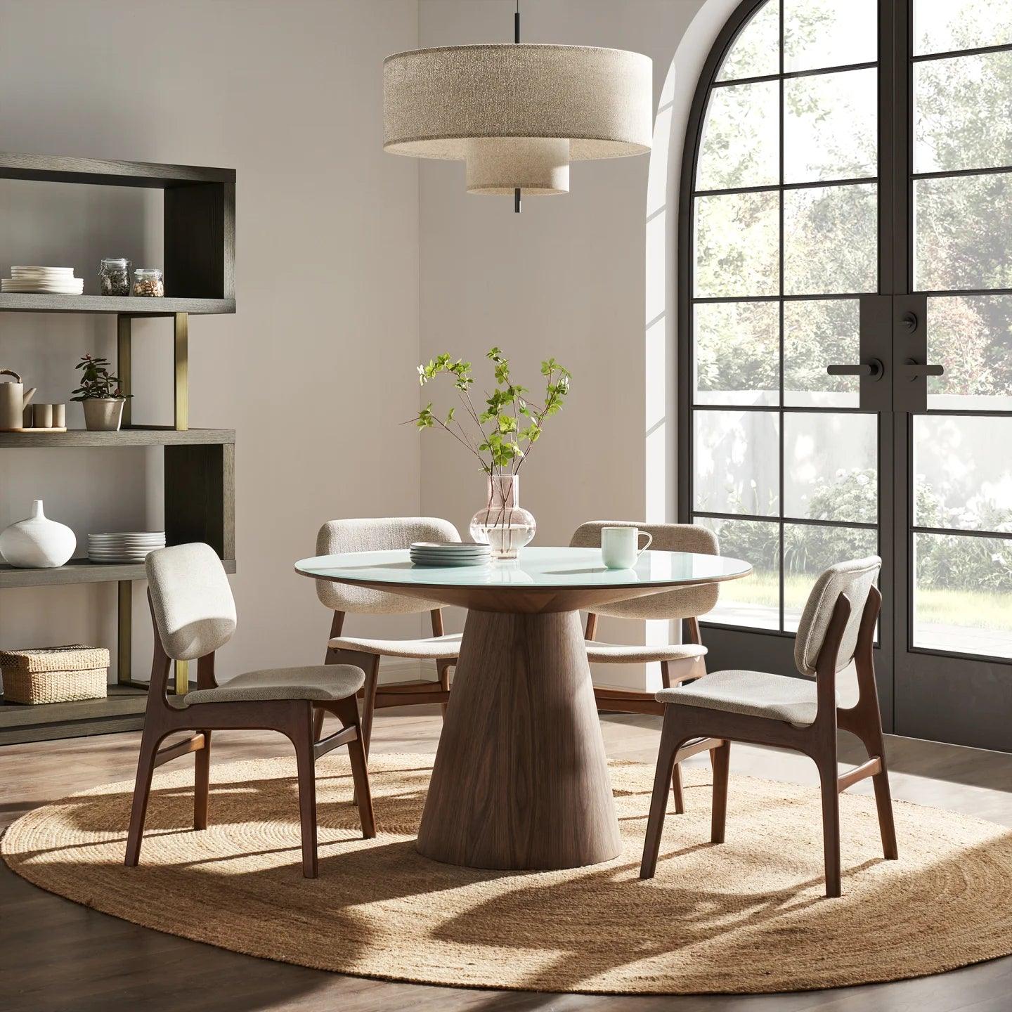 Theo Modern Round Dining Table – White Glass Top with Walnut Veneer Base