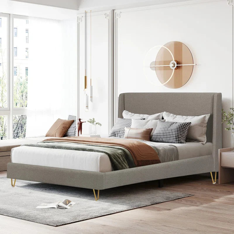 Upholstered Bed Frame With Angled Brass Legs, Easy To Assemble, Fabrics Headboard, Stylish, Comfy