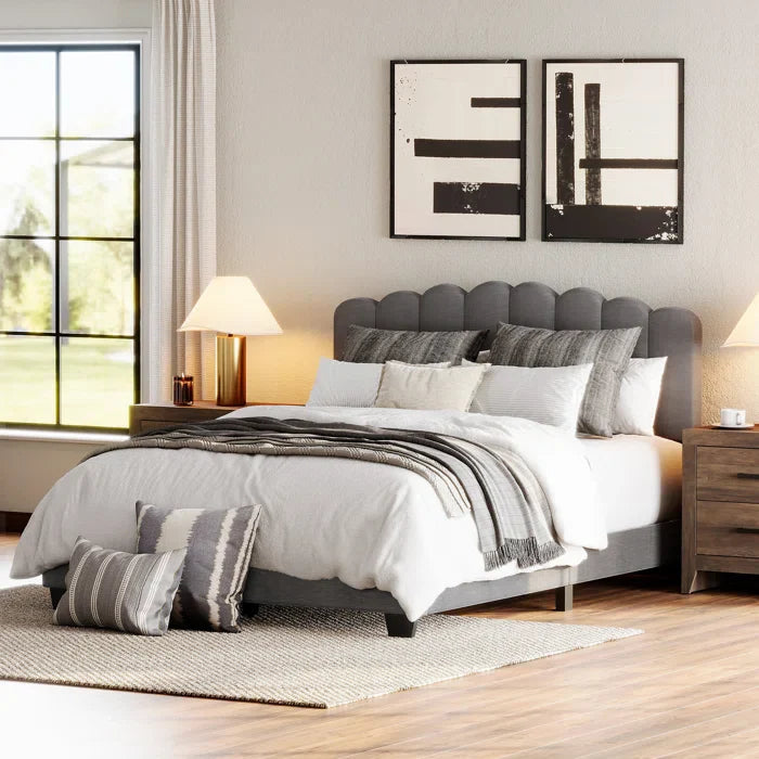 Upholstered Platform Bed With Velvet And Striped Headboard