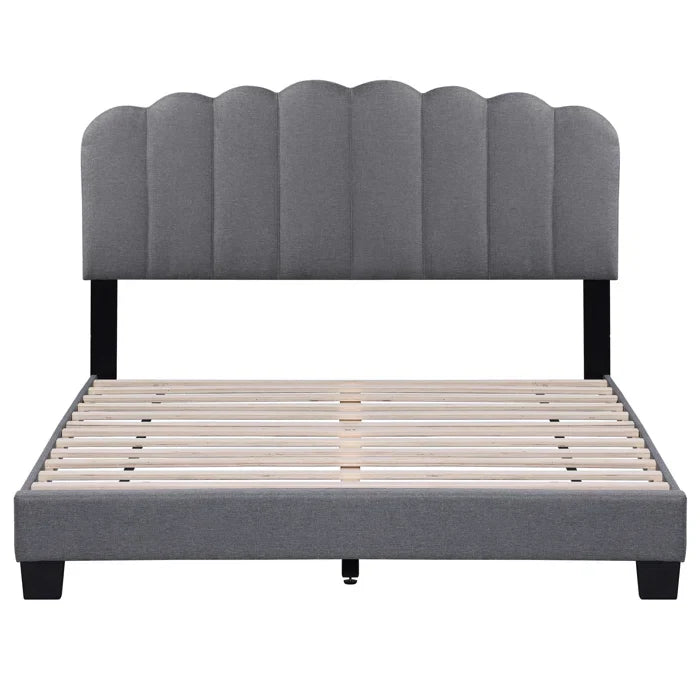 Upholstered Platform Bed With Velvet And Striped Headboard