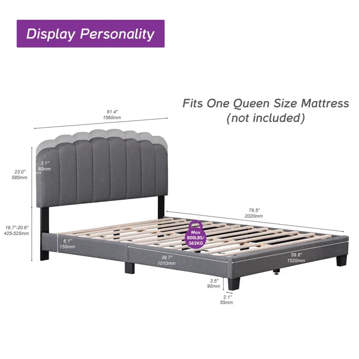 Upholstered Platform Bed With Velvet And Striped Headboard