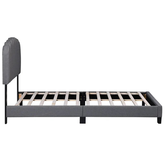 Upholstered Platform Bed With Velvet And Striped Headboard