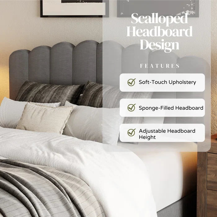 Upholstered Platform Bed With Velvet And Striped Headboard