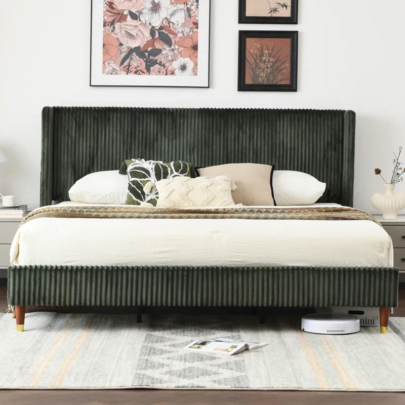 Upholstered Platform Bed with Ornate Wingback Headboard and Comfortably Soft Fabric Upholstery