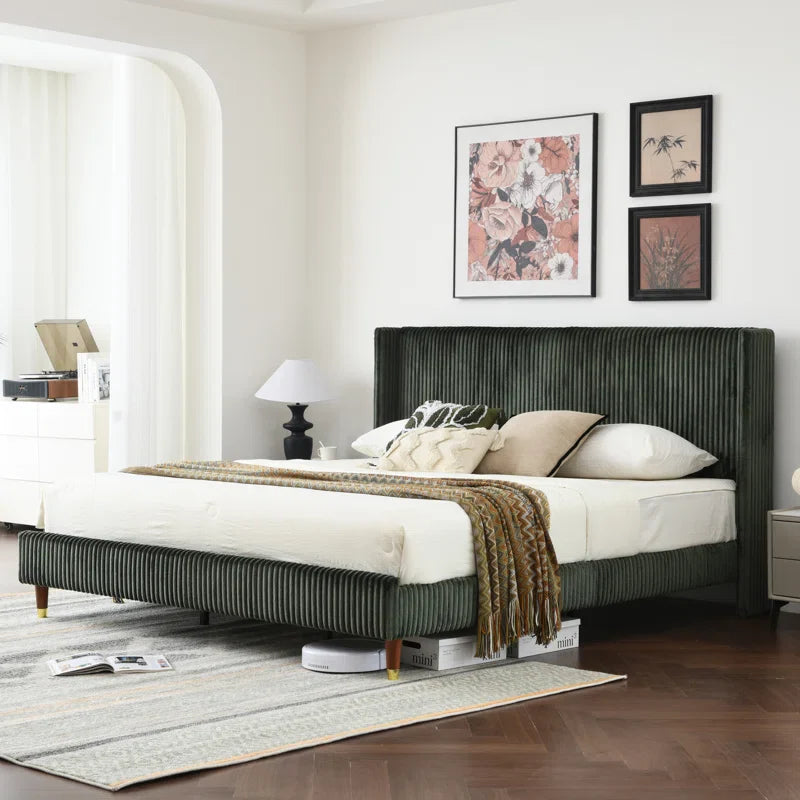 Upholstered Platform Bed with Ornate Wingback Headboard and Comfortably Soft Fabric Upholstery