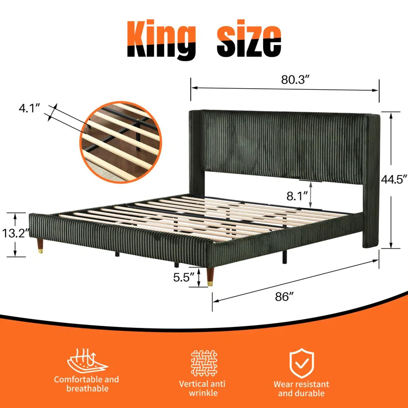 Upholstered Platform Bed with Ornate Wingback Headboard and Comfortably Soft Fabric Upholstery