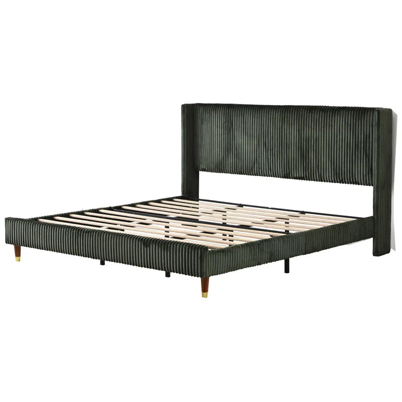 Upholstered Platform Bed with Ornate Wingback Headboard and Comfortably Soft Fabric Upholstery