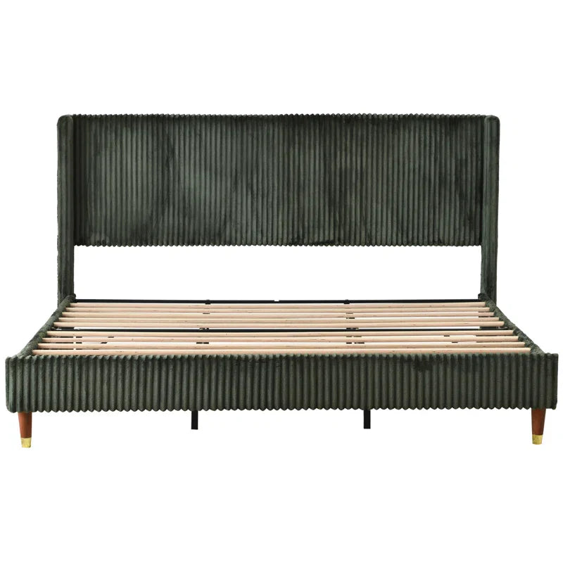 Upholstered Platform Bed with Ornate Wingback Headboard and Comfortably Soft Fabric Upholstery