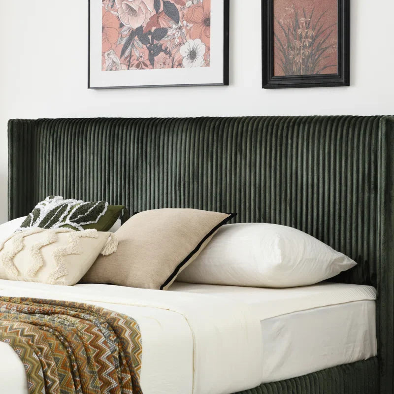 Upholstered Platform Bed with Ornate Wingback Headboard and Comfortably Soft Fabric Upholstery