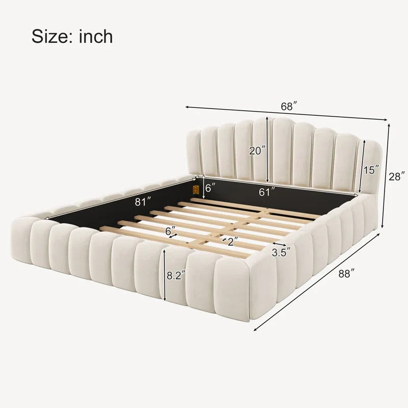 Velvet Upholstered Queen Bed Frame Floor Bed Shell-Shaped Headboard for Bedroom,No Box Spring Needed,Beige