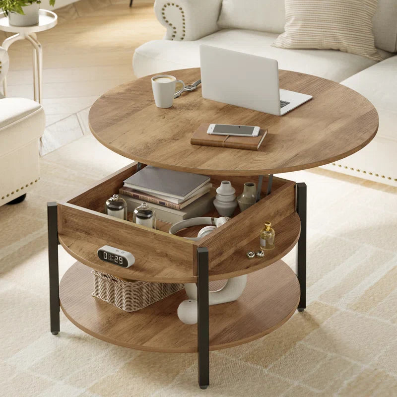 Lift-Top Wood Coffee Table, Small Round Cocktail Table with Storage