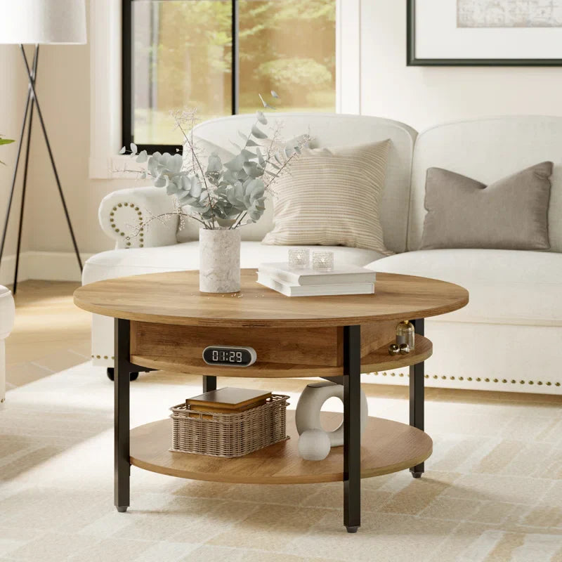 Lift-Top Wood Coffee Table, Small Round Cocktail Table with Storage