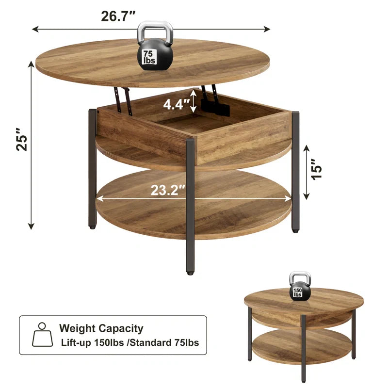 Lift-Top Wood Coffee Table, Small Round Cocktail Table with Storage