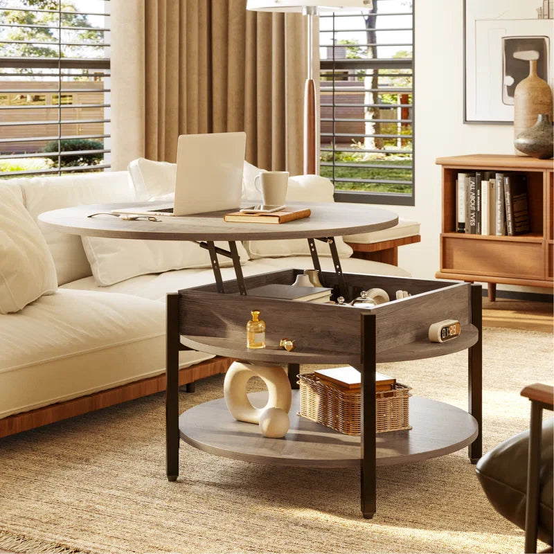Lift-Top Wood Coffee Table, Small Round Cocktail Table with Storage