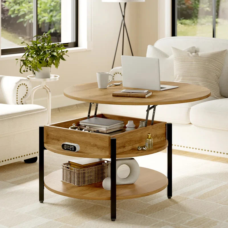 Lift-Top Wood Coffee Table, Small Round Cocktail Table with Storage