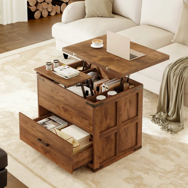 Farmhourse Wood Square Coffee Table, Lift Top Coffee Table with 4-in-1 Storage