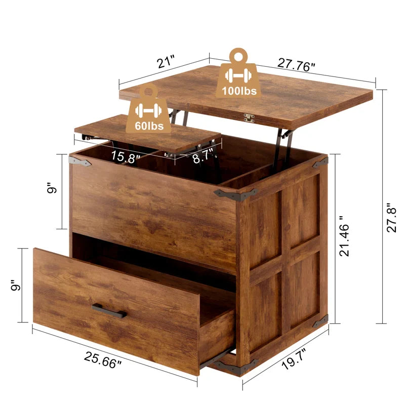 Farmhourse Wood Square Coffee Table, Lift Top Coffee Table with 4-in-1 Storage