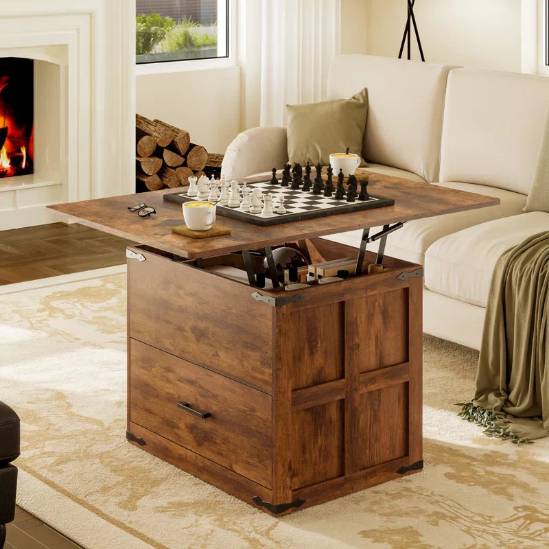 Farmhourse Wood Square Coffee Table, Lift Top Coffee Table with 4-in-1 Storage