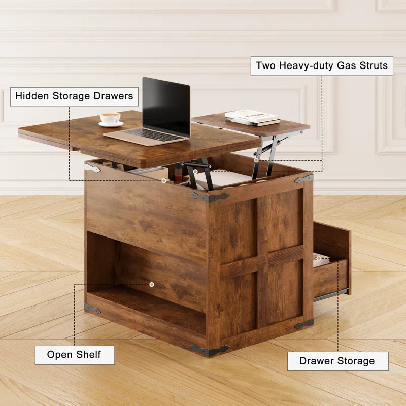 Farmhourse Wood Square Coffee Table, Lift Top Coffee Table with 4-in-1 Storage