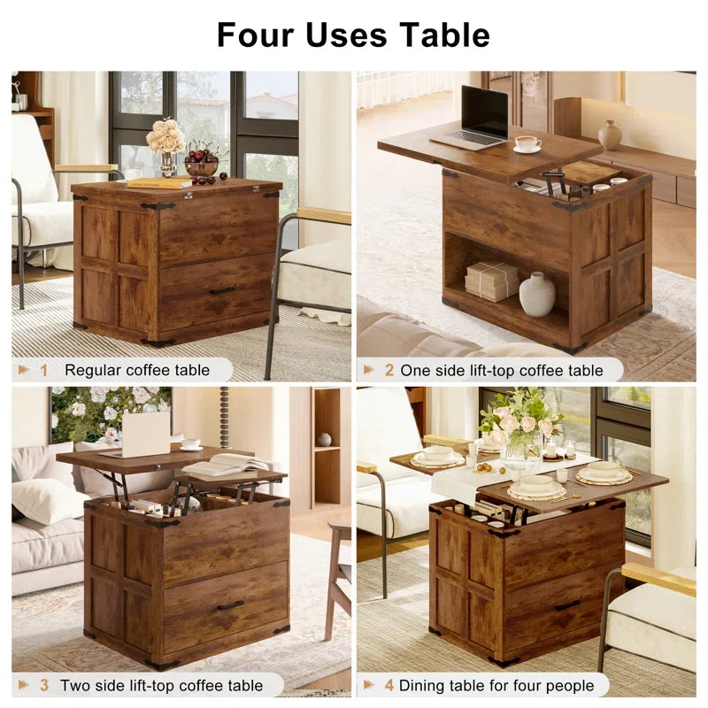 Farmhourse Wood Square Coffee Table, Lift Top Coffee Table with 4-in-1 Storage