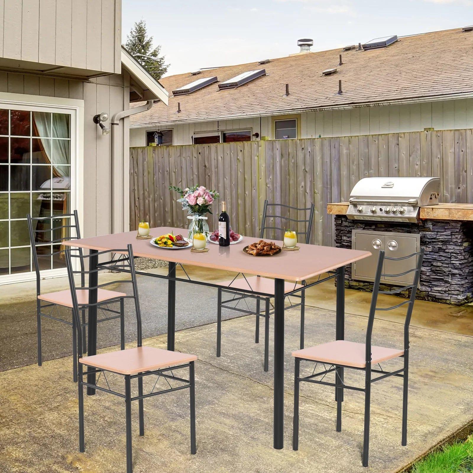 5-Pieces Dining Table Set 4 Chairs MDF Metal Frame Kitchen Furniture Brown