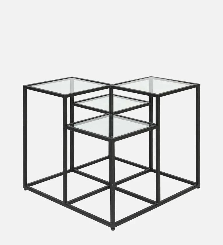 Square Metal Coffee Table In Black Colour With Glass Top