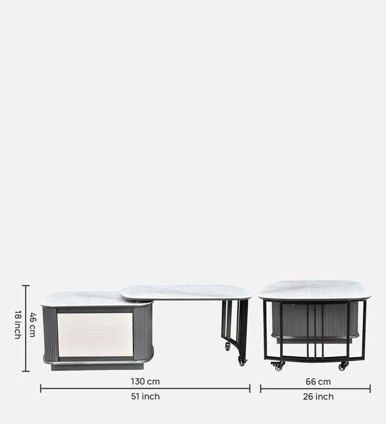 Marble Top Coffee Table in Grey Colour With Rotateable Top & 2 Pouffes