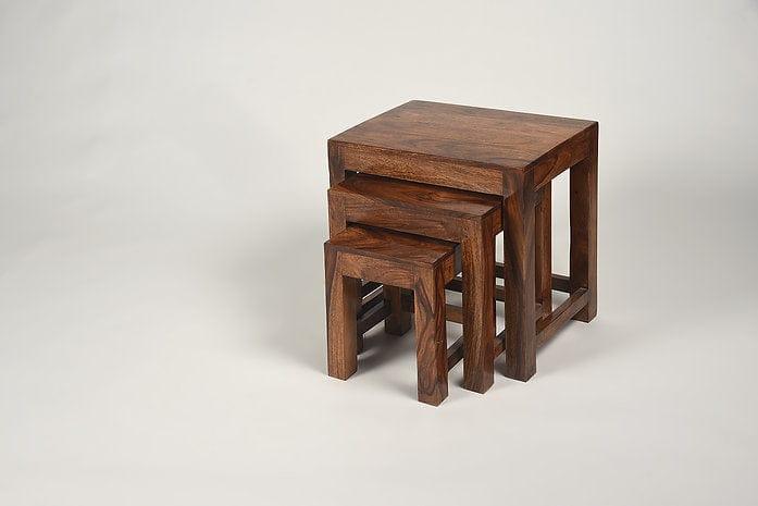 Set of 3 Sheesham Wood Nesting Stools – Compact & Durable Indoor/Outdoor Wooden Seating