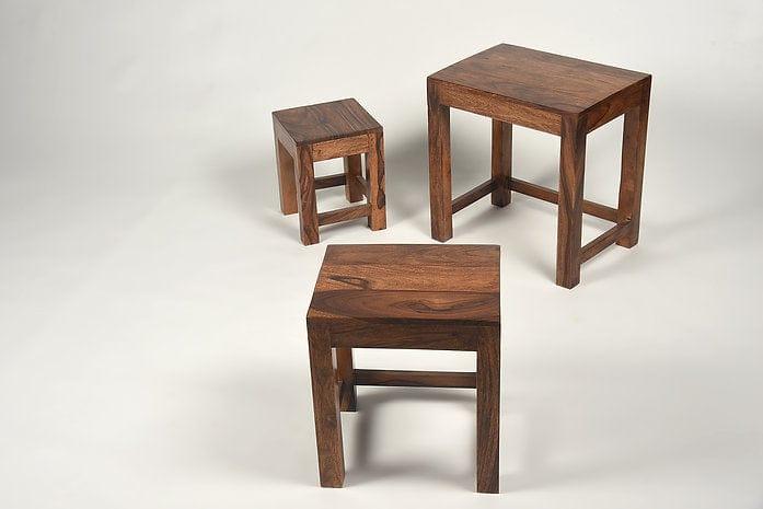 Set of 3 Sheesham Wood Nesting Stools – Compact & Durable Indoor/Outdoor Wooden Seating