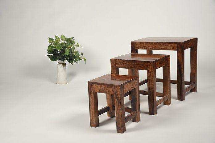 Set of 3 Sheesham Wood Nesting Stools – Compact & Durable Indoor/Outdoor Wooden Seating