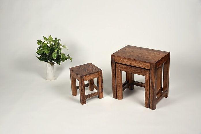 Set of 3 Sheesham Wood Nesting Stools – Compact & Durable Indoor/Outdoor Wooden Seating