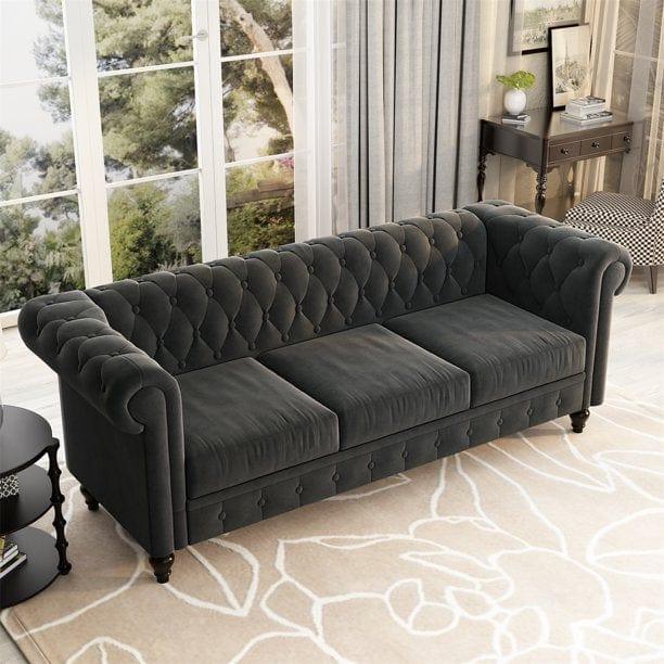 3 Seater Chesterfield Couch Furniture,Classic Velvet Upholstered Sofa with Deep Tufted Back and Scroll Arms