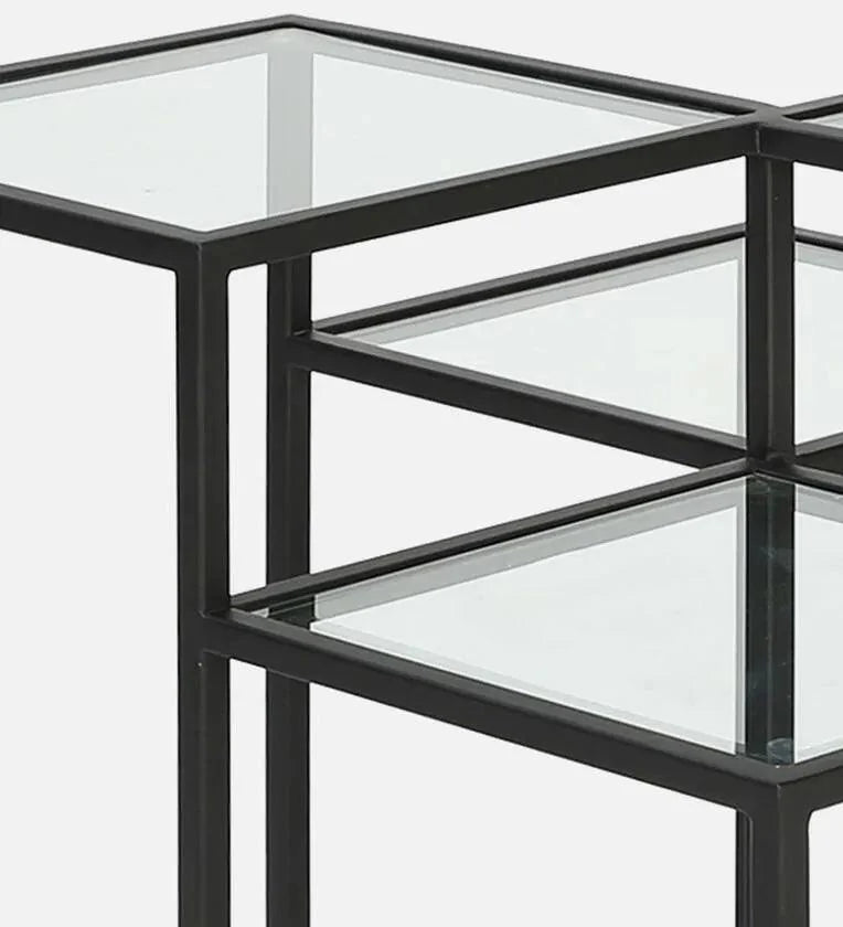 Square Metal Coffee Table In Black Colour With Glass Top