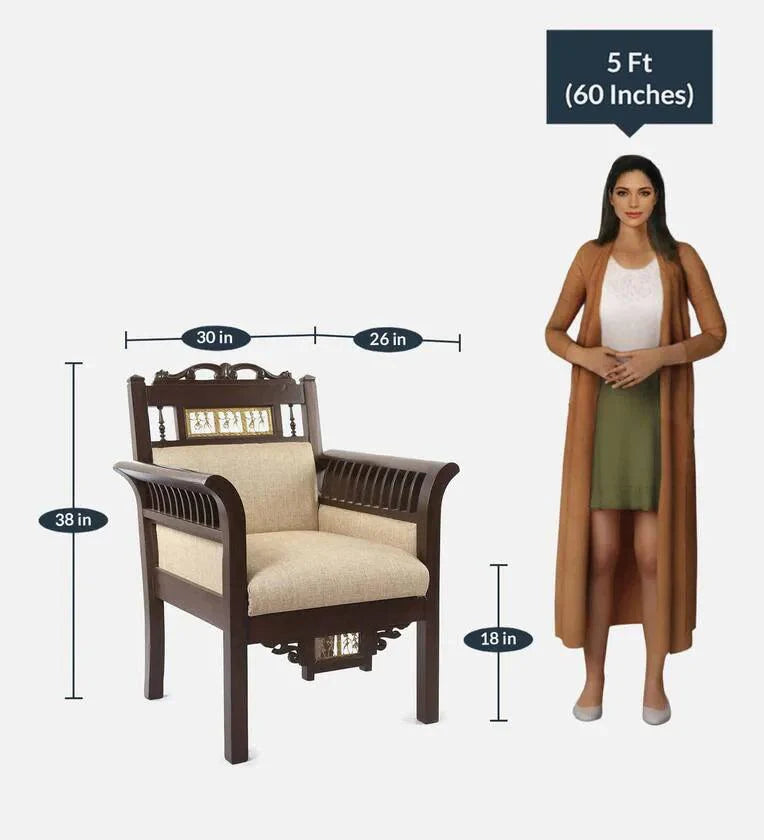 Teak Wood 1 Seater Sofa in Beige & Walnut Finish