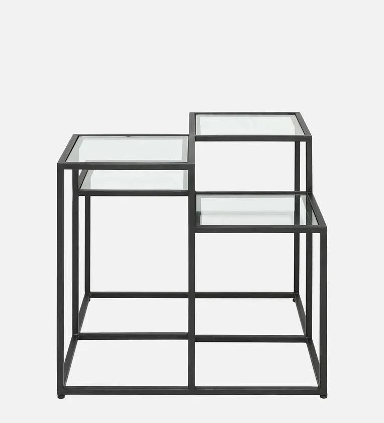 Square Metal Coffee Table In Black Colour With Glass Top