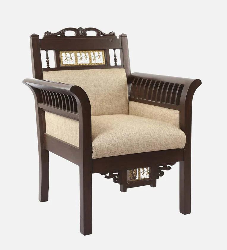 Teak Wood 1 Seater Sofa in Beige & Walnut Finish