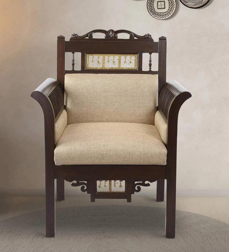 Teak Wood 1 Seater Sofa in Beige & Walnut Finish