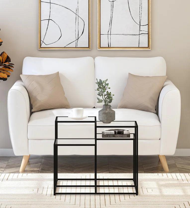 Square Metal Coffee Table In Black Colour With Glass Top