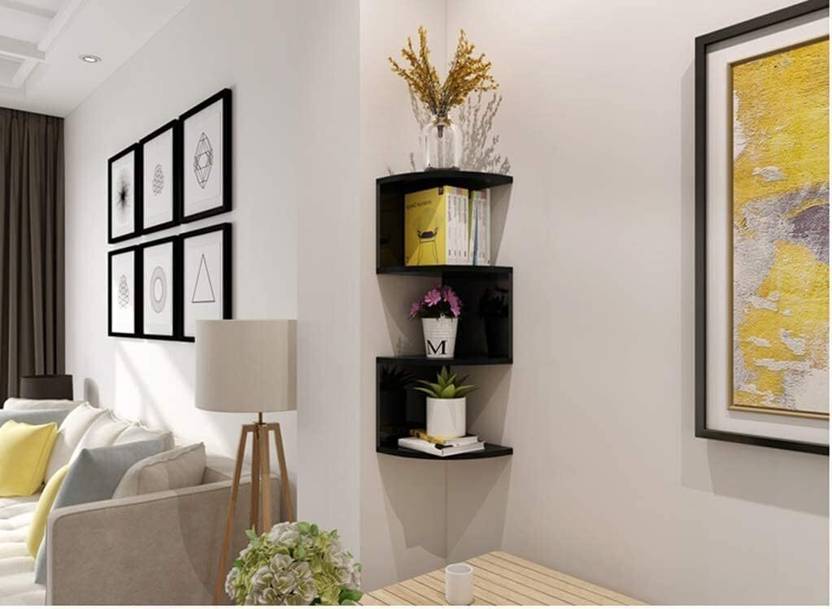 Zig ZAG Corner Wall Mount Shelf Unit/Racks and Shelves Wooden Wall Shelf Wooden Wall Shelf (Number of Shelves - 4, Black)