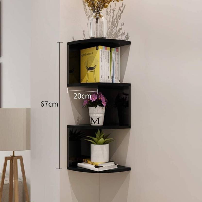 Zig ZAG Corner Wall Mount Shelf Unit/Racks and Shelves Wooden Wall Shelf Wooden Wall Shelf (Number of Shelves - 4, Black)