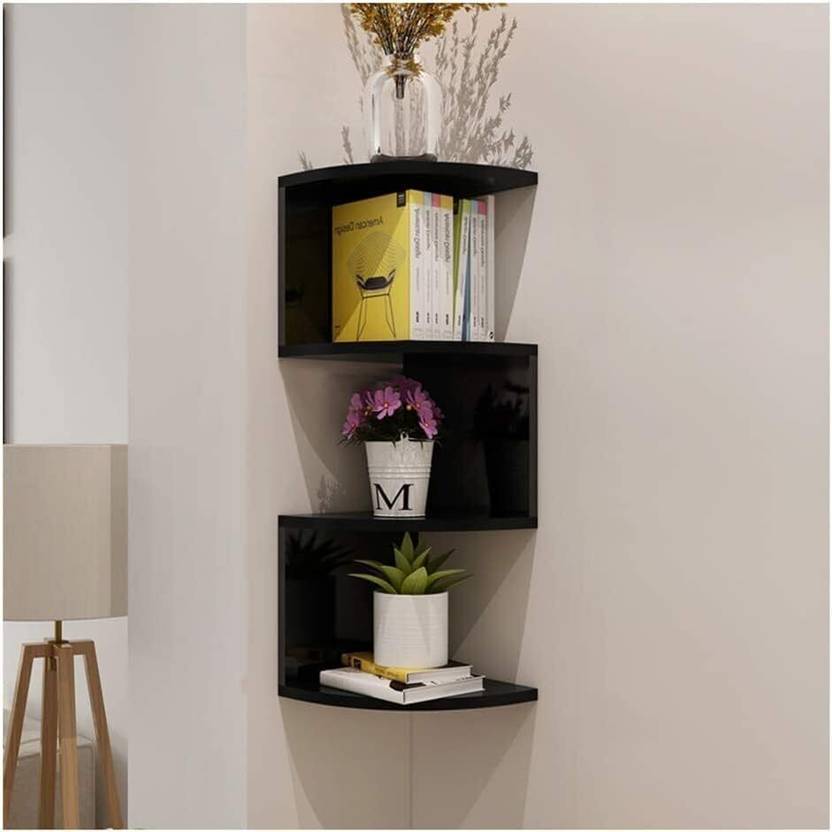 Zig ZAG Corner Wall Mount Shelf Unit/Racks and Shelves Wooden Wall Shelf Wooden Wall Shelf (Number of Shelves - 4, Black)