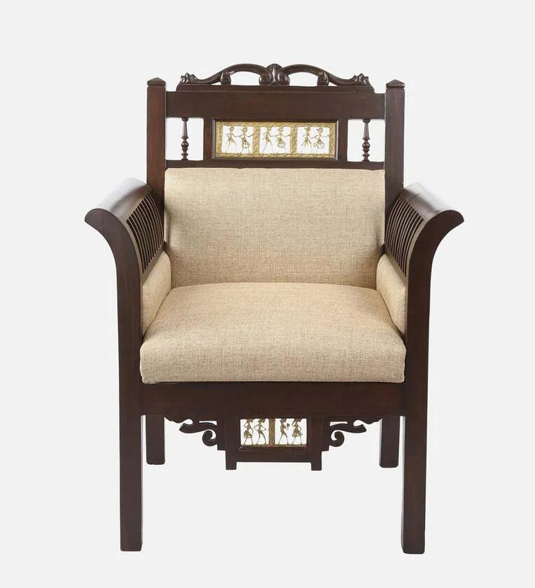 Teak Wood 1 Seater Sofa in Beige & Walnut Finish