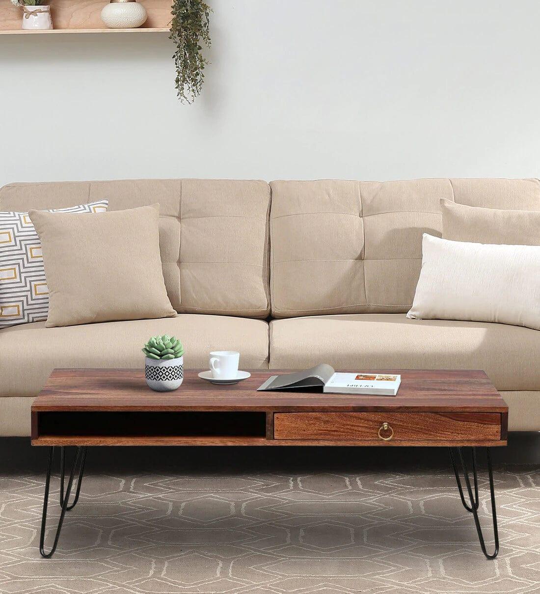 Gumina Sheesham Wood Coffee Table In Rustic Teak Finish,