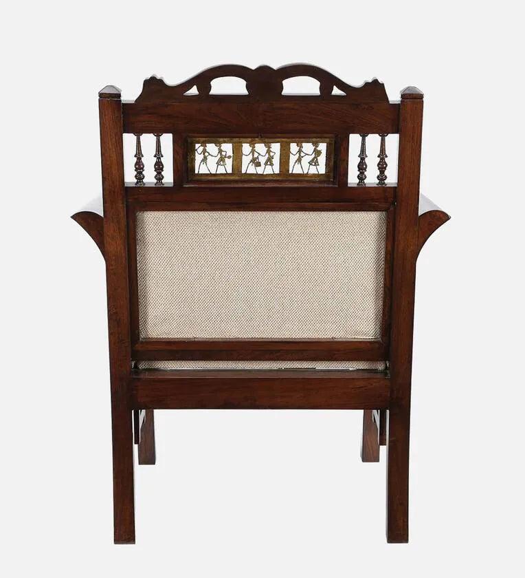 Teak Wood 1 Seater Sofa in Beige & Walnut Finish