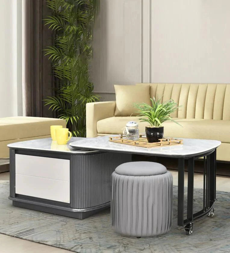 Marble Top Coffee Table in Grey Colour With Rotateable Top & 2 Pouffes