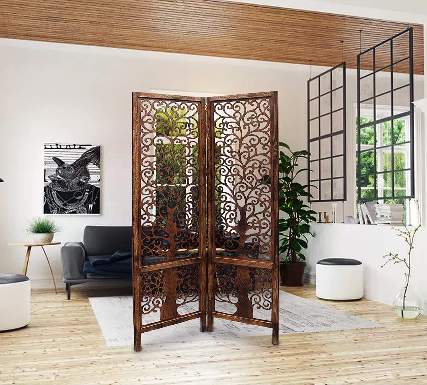wooden Handcrafted 2 Panel Brown Wooden Room Partition/Divider