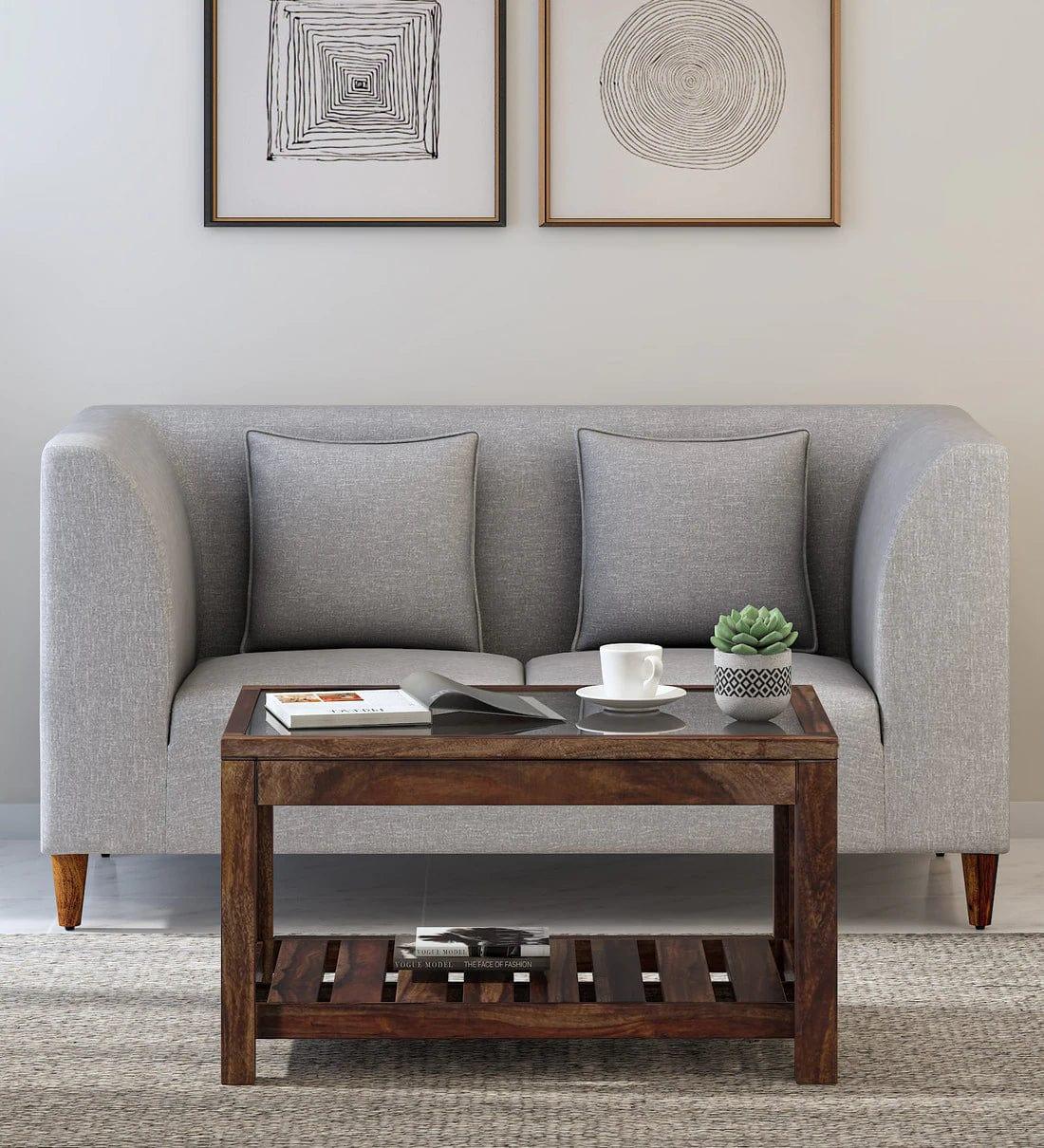 Stigen Sheesham Wood Coffee Table In Provincial Teak Finish With Glass Top,