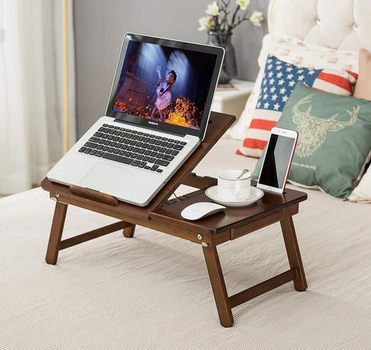 Foldable Wooden Laptop Desk Tray – With Drawer, Slots & Multi-Use Design